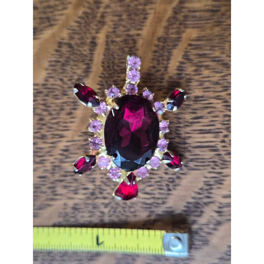 Vintage Red Pink Rhinestone Turtle Brooch Glass 1950s to 1960s